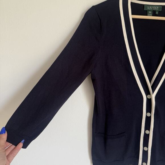Lauren Ralph Lauren Silk Navy Cardigan XS Quiet Luxury Preppy Dark Academia - Picture 3 of 10